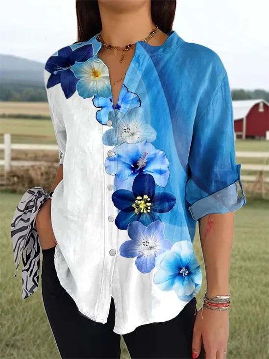 Women's Vintage Floral Art Print Casual Cotton Shirt
