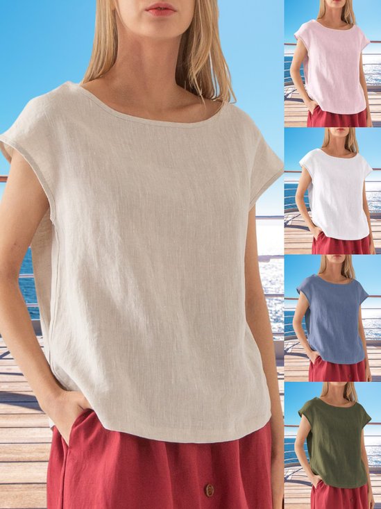 Women's Short Sleeve T-shirt Summer Apricot Plain Linen Crew Neck Daily Going Out Casual Top