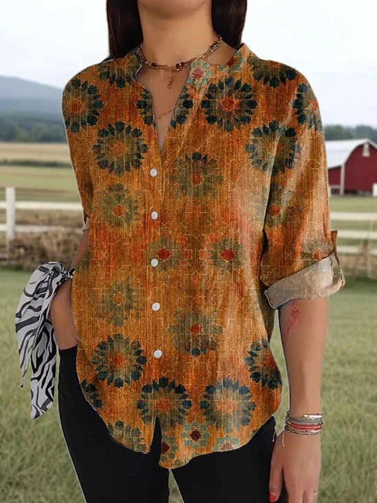 Women's Vintage Flower Art Print Casual Cotton Shirt