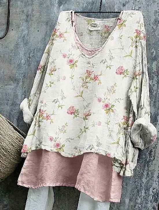Women's Long Sleeve Blouse Spring/Fall Apricot Floral Printing V Neck Daily Going Out Casual Top