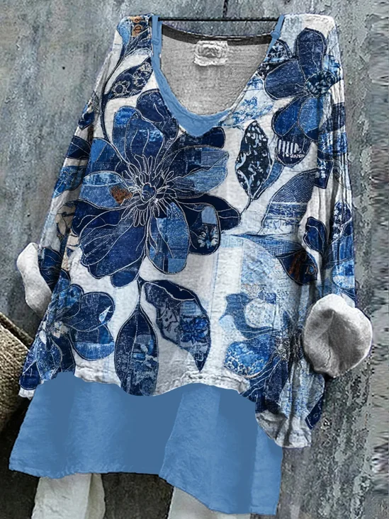 Women's Long Sleeve Blouse Spring/Fall Blue Floral Printing V Neck Daily Going Out Casual Top