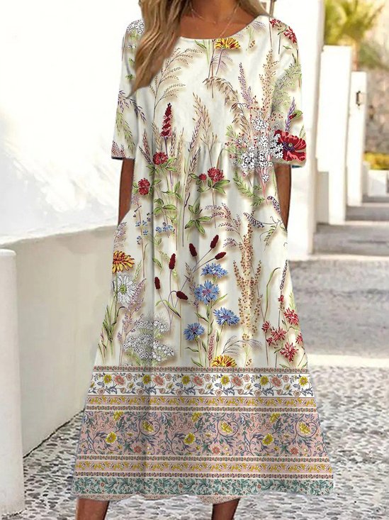 Loose Floral Casual Crew Neck Dress