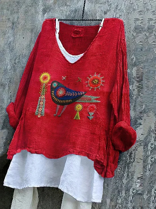 Women's Long Sleeve Blouse Spring/Fall Red Floral Printing V Neck Daily Going Out Casual Top
