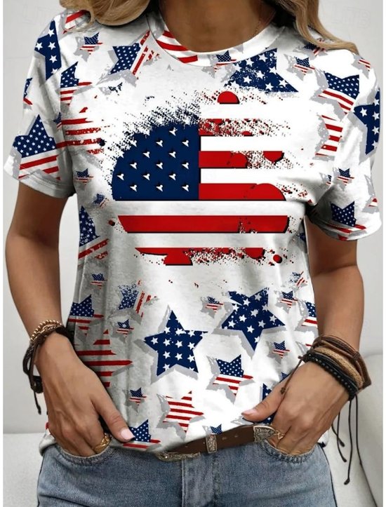 Women's American Flag Printed Casual Cotton Crew Neck Short Sleeve T-Shirt