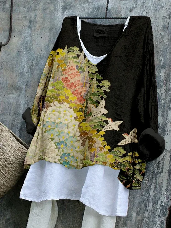 Women's Long Sleeve Blouse Spring/Fall Black Floral Printing V Neck Daily Going Out Casual Top