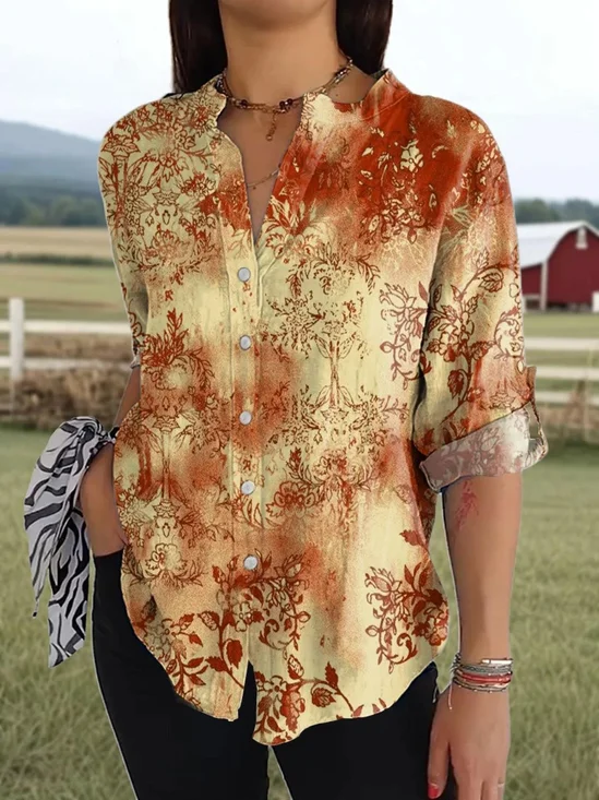 Women's Vintage Flower Art Print Casual Cotton Shirt