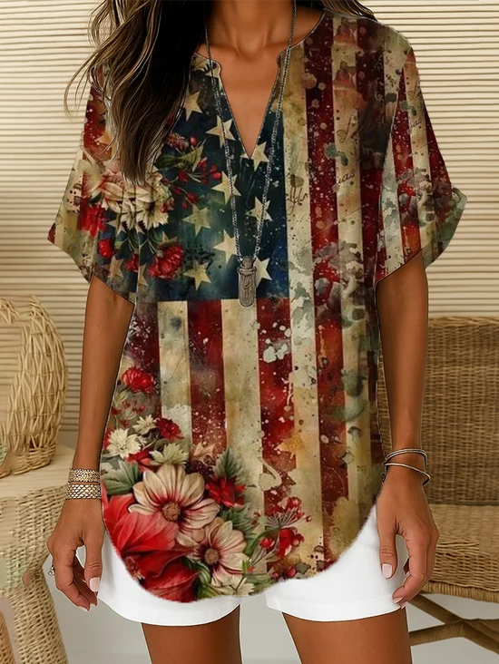 Women's Independence Day Floral Print Casual V-Neck Short Sleeve Shirt