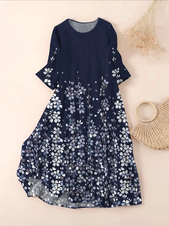 Regular Fit Crew Neck Floral Casual Dress With No