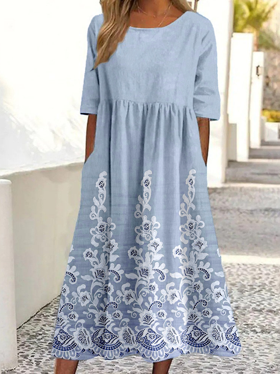 Loose Crew Neck Casual Floral Dress