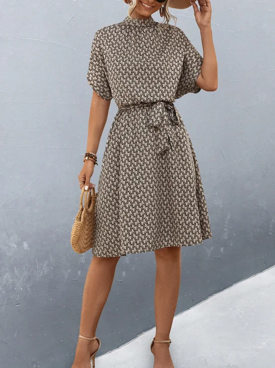 Women's Short Sleeve Summer Brown Geometric Split Joint Crew Neck Daily Going Out Vintage Midi A-Line Tunic Dress