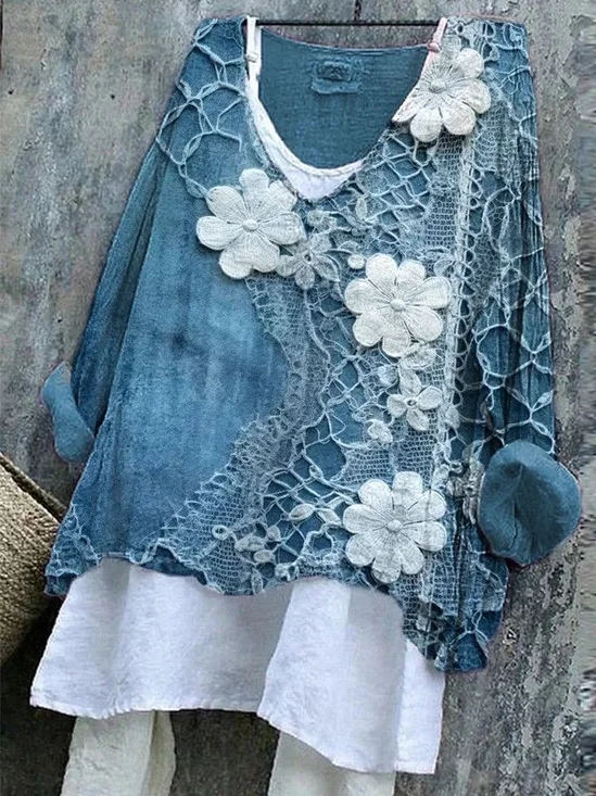 Women's Long Sleeve Blouse Spring/Fall Blue Floral Printing V Neck Daily Going Out Casual Top