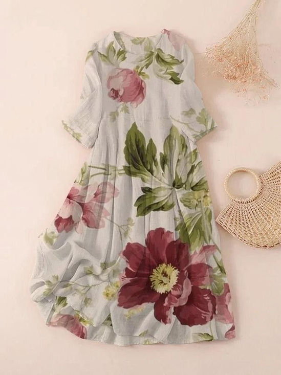 Women's Three Quarter Sleeve Spring/Fall Apricot Floral Printing Crew Neck Daily Going Out Casual Maxi H-Line Classic Dress
