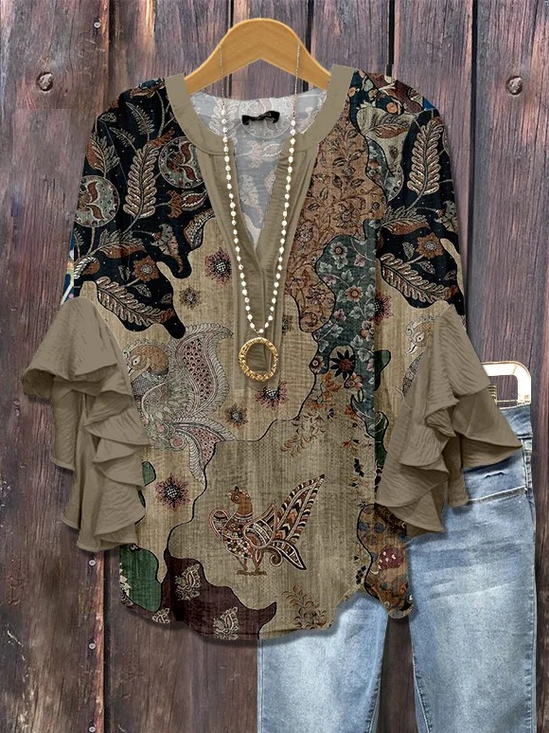 Women's Bohemian Pattern V-Neck Multi-Layered Lace Shirt