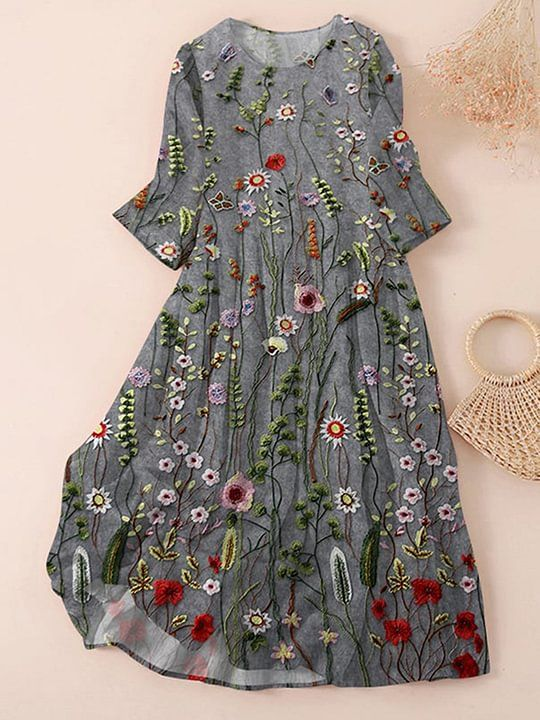 Women's Three Quarter Sleeve Spring/Fall Gray Floral Printing Crew Neck Daily Going Out Casual Maxi H-Line Classic Dress