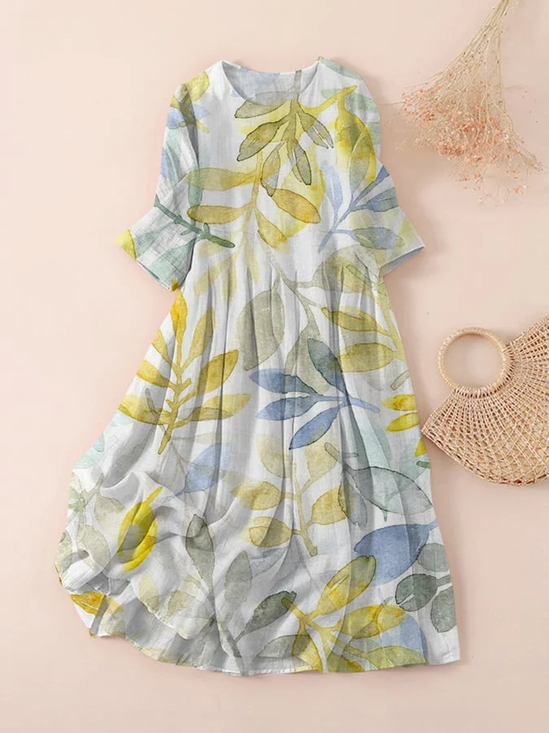 Women's Three Quarter Sleeve Spring/Fall As Picture Floral Printing Crew Neck Daily Going Out Casual Maxi H-Line Classic Dress