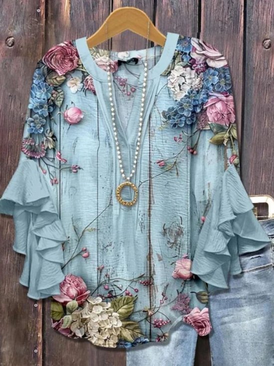 Floral V Neck Casual Blouse