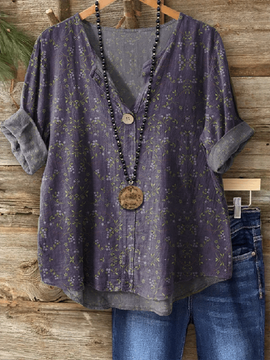 Women's Vintage Floral Art Print Button-Down Shirt