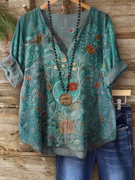 Women's Vintage Floral Art Print Button-Down Shirt