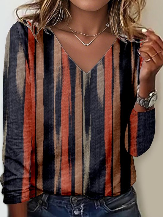 Print Casual V Neck Long Sleeve T-Shirt