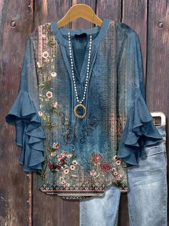 Women's Bohemian Pattern V-Neck Multi-Layered Lace Shirt