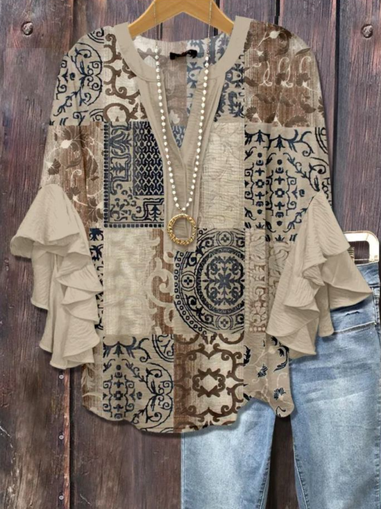 Women's Bohemian Pattern V-Neck Multi-Layered Lace Shirt