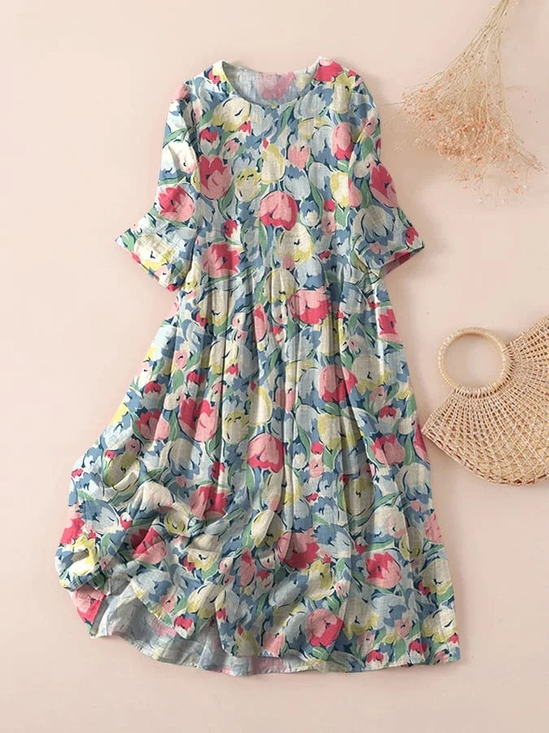 Women's Three Quarter Sleeve Spring/Fall Blue Floral Printing Crew Neck Daily Going Out Casual Maxi H-Line Classic Dress