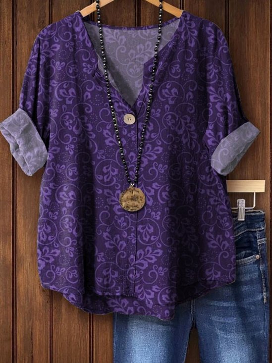 Women's Vintage Floral Art Print Button-Down Shirt