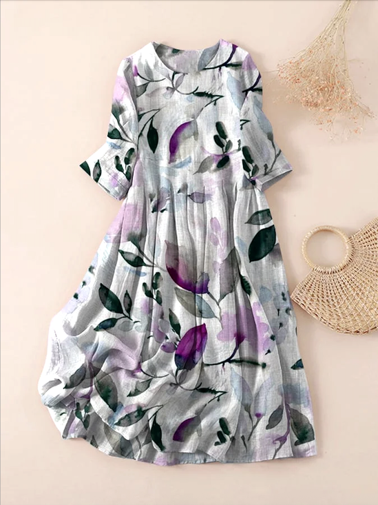 Casual Floral Linen Dress With No