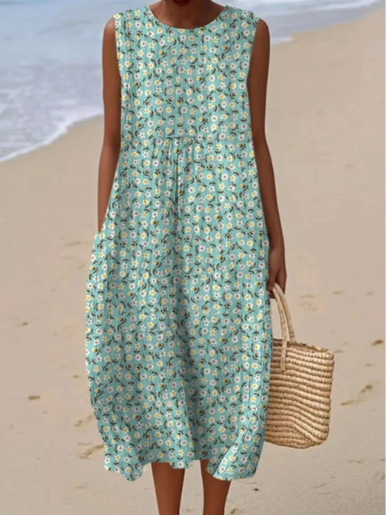 Crew Neck Simple Painting Cotton Dress With No
