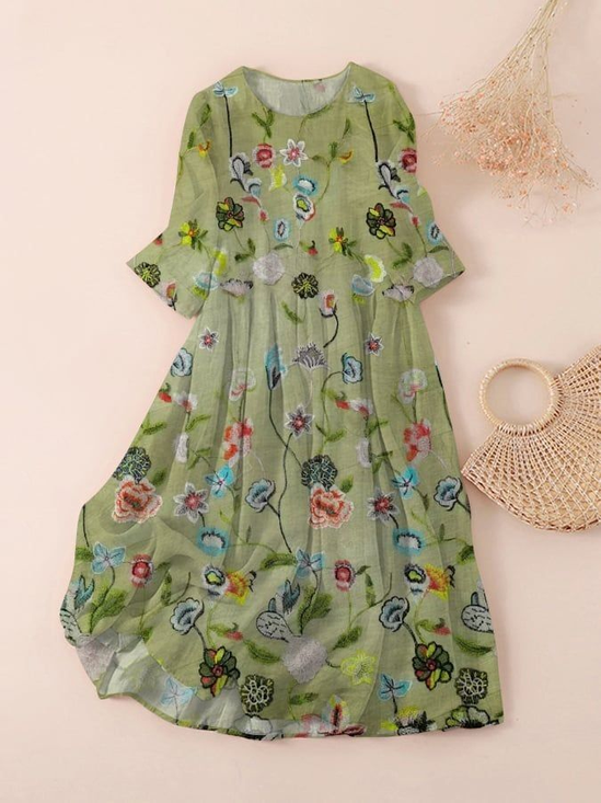 Women's Three Quarter Sleeve Spring/Fall Green Floral Printing Crew Neck Daily Going Out Casual Maxi H-Line Classic Dress
