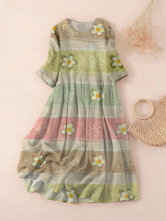 Women's Three Quarter Sleeve Spring/Fall Green Floral Printing Crew Neck Daily Going Out Casual Maxi H-Line Classic Dress