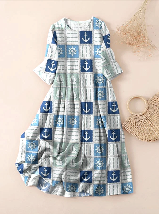 Casual Regular Fit Crew Neck Linen Dress With No