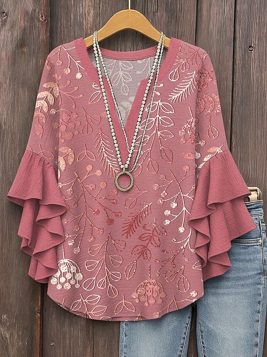 Women's Bohemian Pattern V-Neck Multi-Layered Lace Shirt