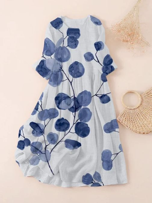 Women's Three Quarter Sleeve Spring/Fall White Floral Printing Crew Neck Daily Going Out Casual Maxi H-Line Classic Dress