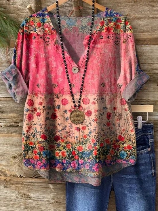Women's Bohemian Pattern V-Neck Multi-Layered Lace Shirt