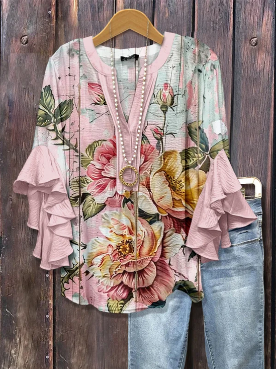 Women's Half Sleeve Shirt Summer Pink Floral Printing V Neck Daily Going Out Casual Top