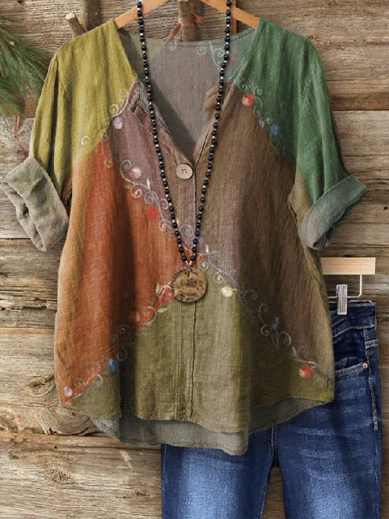 Women's Vintage Floral Art Print Button-Down Shirt
