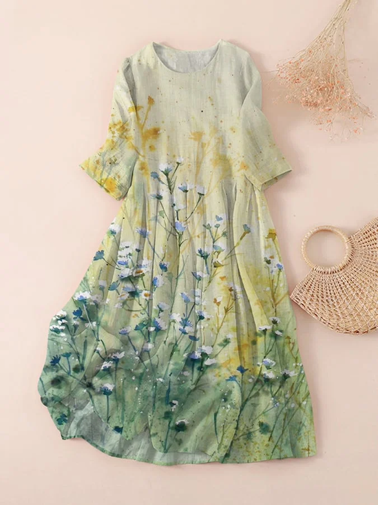 Women's Three Quarter Sleeve Spring/Fall Green Floral Printing Crew Neck Daily Going Out Casual Maxi H-Line Classic Dress