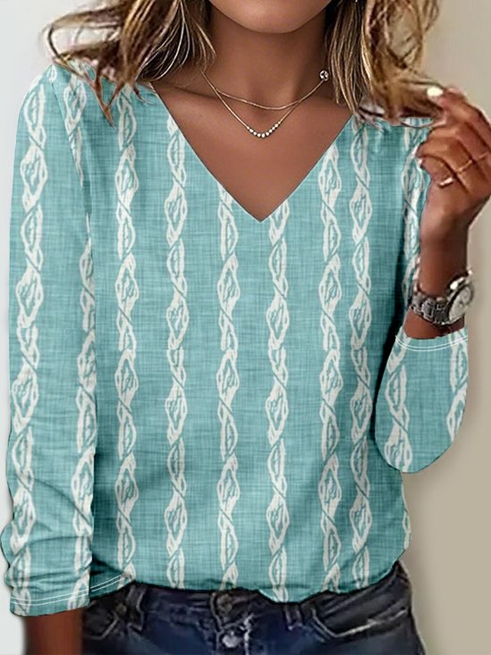 Print Casual V Neck Long Sleeve T-Shirt