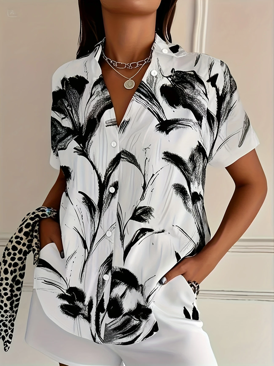 Women's Short Sleeve Shirt Summer White Floral Printing Shirt Collar Daily Going Out Casual Top