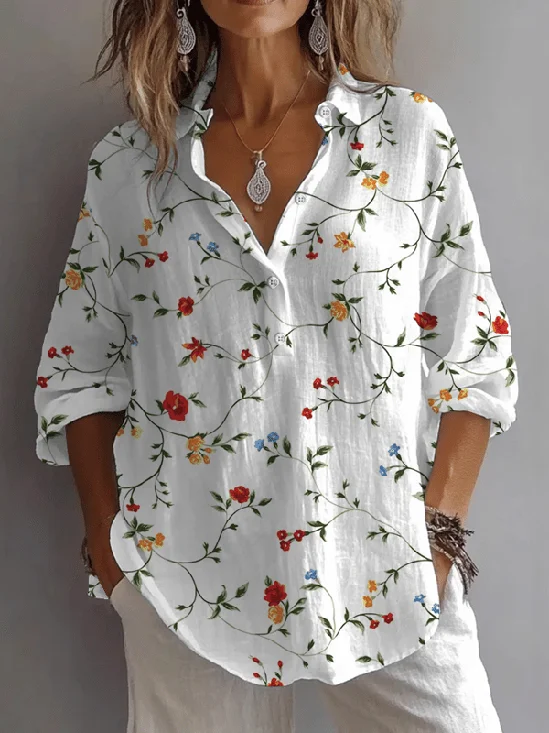 Women's Vintage Floral Print Lapel Button-Down Shirt