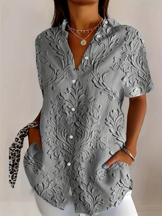 Women's Short Sleeve Shirt Summer Gray Floral Printing Shirt Collar Daily Going Out Casual Top