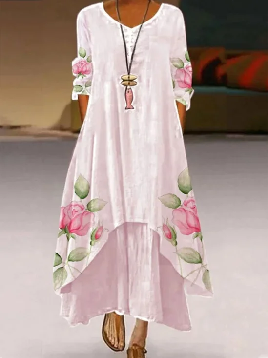 Casual Floral Crew Neck Loose Dress