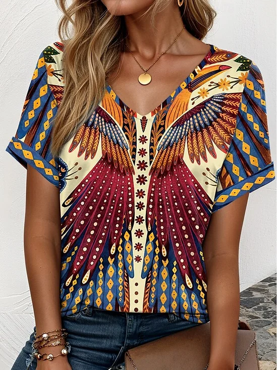 Casual Regular Fit Ethnic Geometry T-Shirt