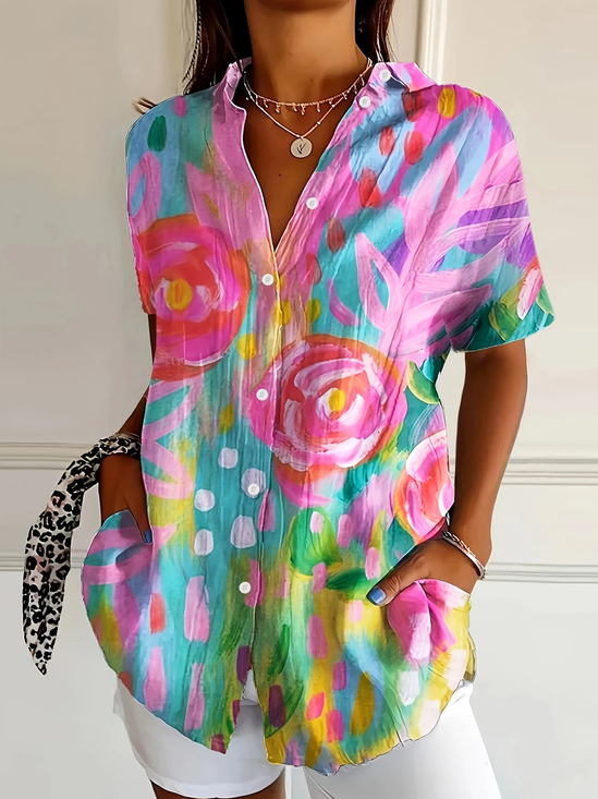 Women's Short Sleeve Shirt Summer Pink Floral Printing Shirt Collar Daily Going Out Casual Top