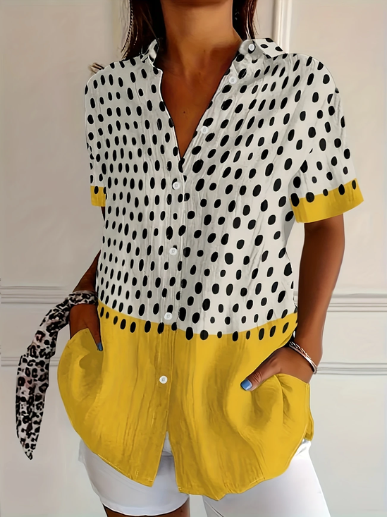 Women's Short Sleeve Shirt Summer Yellow Abstract Polka Dots Printing Shirt Collar Daily Going Out Casual Top