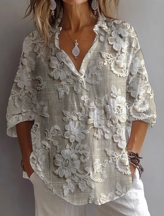 Women's Long Sleeve Shirt Spring/Fall Apricot Floral Printing Shirt Collar Daily Going Out Casual Top
