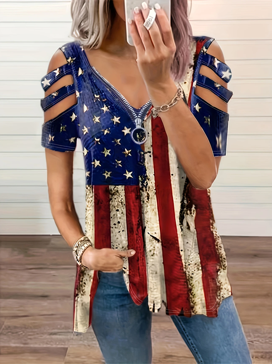 Women's Short Sleeve T-shirt Summer As Picture Independence Day (Flag) Printing V Neck Daily Going Out Vintage Top