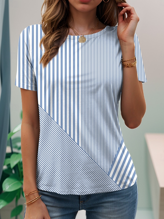 Casual Crew Neck Short Sleeve Striped Top