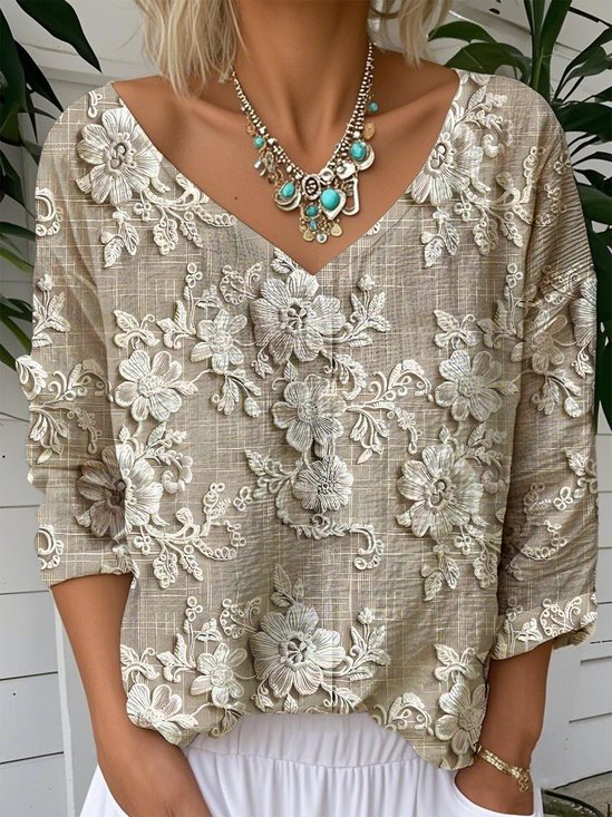 Floral V Neck Jersey Casual T-Shirt